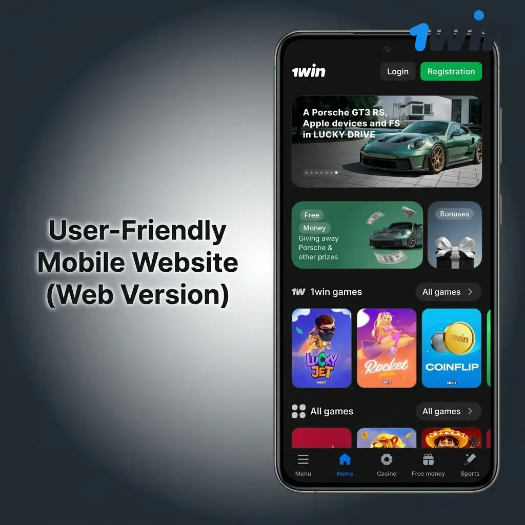 1win mobile website on smartphone browser showing casino games and UPI deposits with no download required