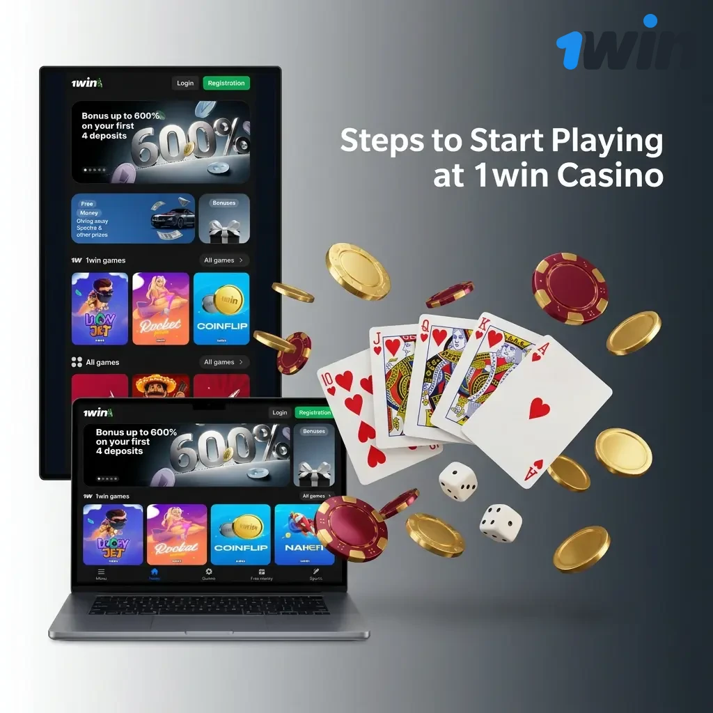 Steps to start playing at 1win Casino: register, deposit in INR, claim bonus, browse games, and place bets